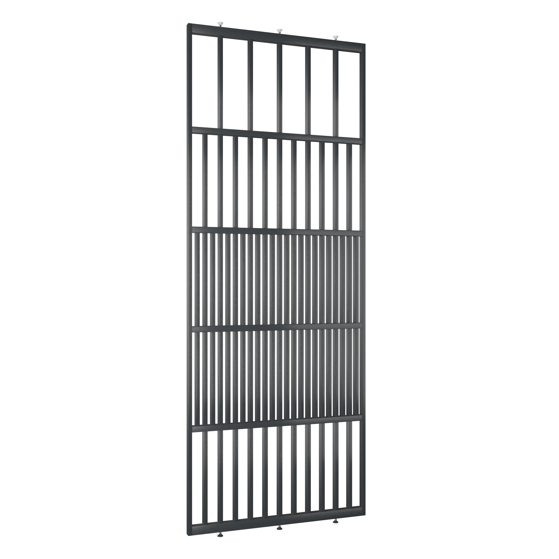 Houten roomdivider van RAL7021 massief eiken, ontworpen voor een strakke, hotel chique uitstraling. Een elegante toevoeging aan elk interieur.