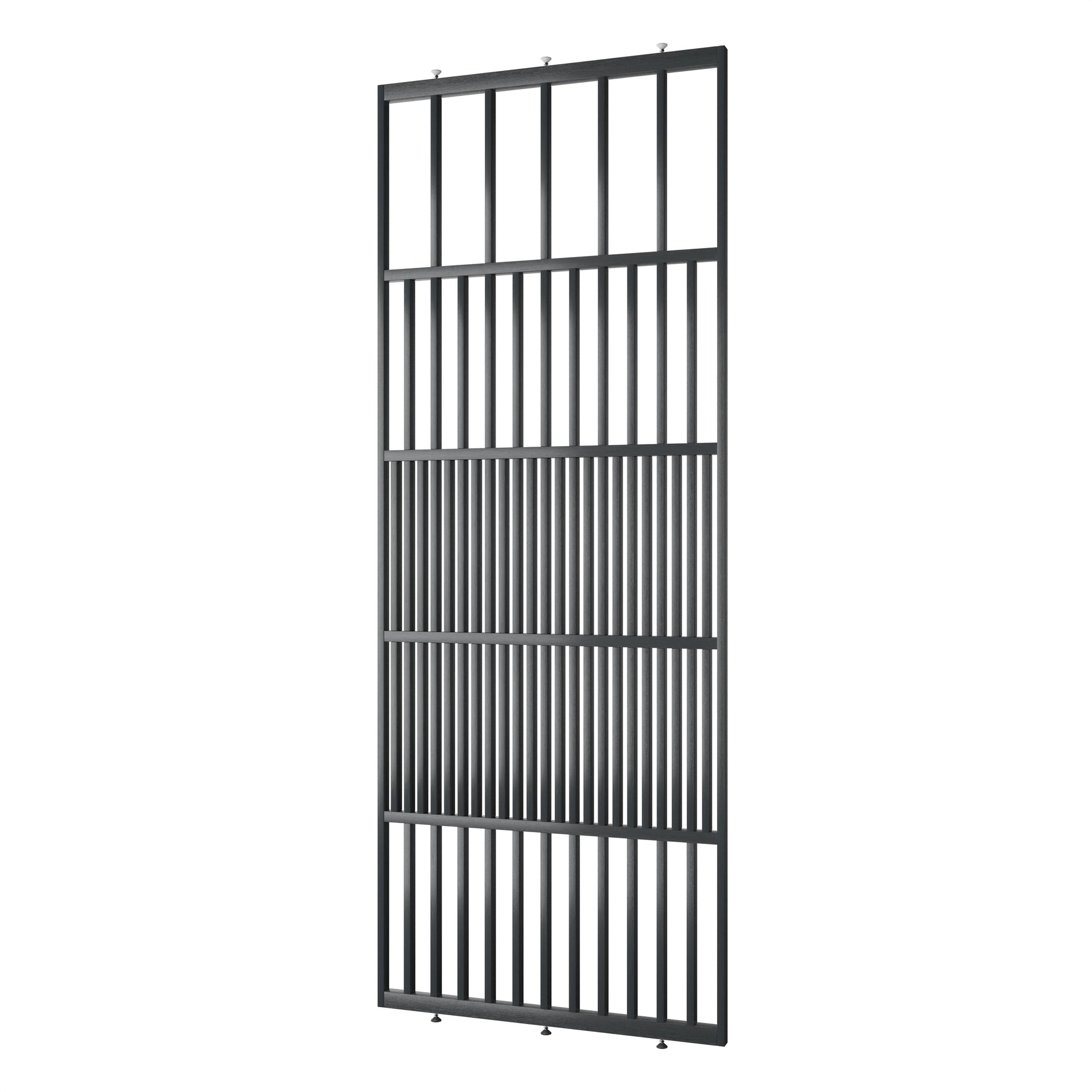 Houten roomdivider van RAL7021 massief eiken, ontworpen voor een strakke, hotel chique uitstraling. Een elegante toevoeging aan elk interieur.