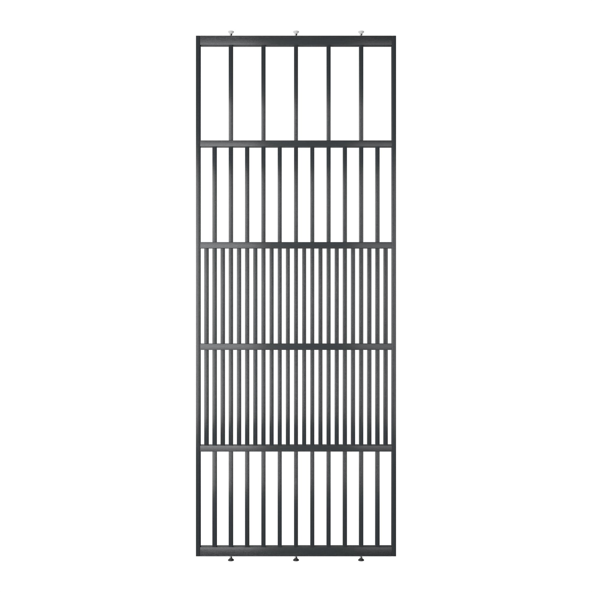 Houten roomdivider van RAL7021 massief eiken, ontworpen voor een strakke, hotel chique uitstraling. Een elegante toevoeging aan elk interieur.