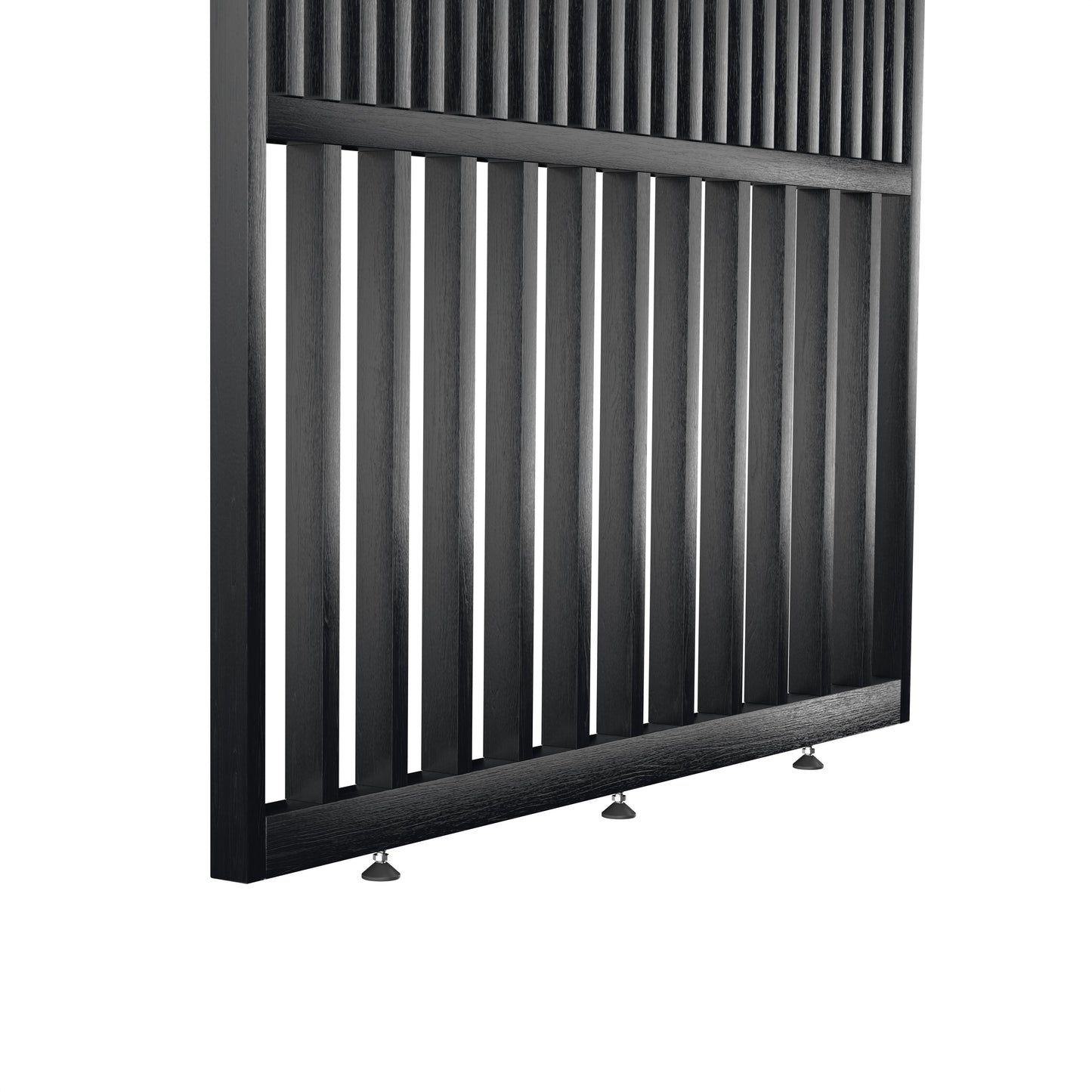 Houten roomdivider in RAL9005 massief eiken, ontworpen voor een strakke, hotel chique uitstraling. Een elegante toevoeging aan elk interieur.