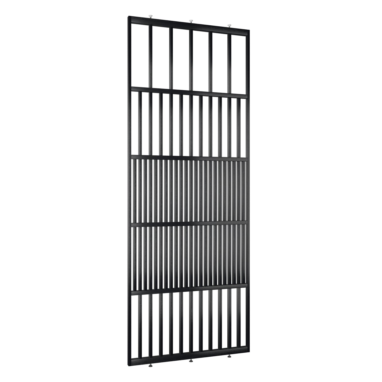 Houten roomdivider in RAL9005 massief eiken, ontworpen voor een strakke, hotel chique uitstraling. Een elegante toevoeging aan elk interieur.