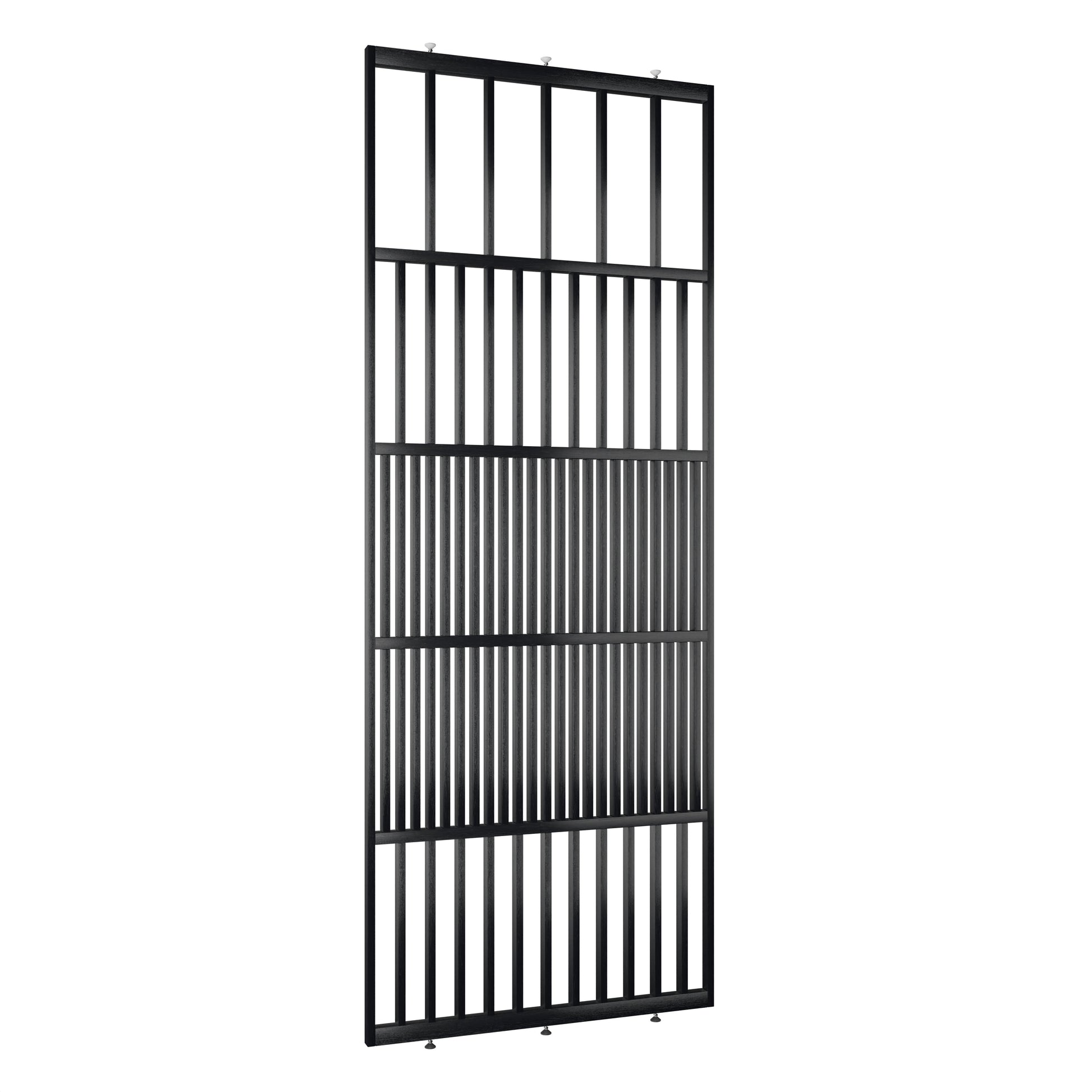 Houten roomdivider in RAL9005 massief eiken, ontworpen voor een strakke, hotel chique uitstraling. Een elegante toevoeging aan elk interieur.