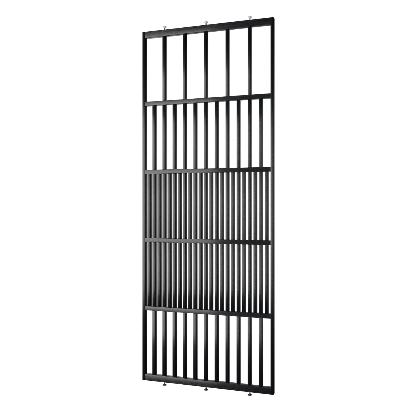 Houten roomdivider in RAL9005 massief eiken, ontworpen voor een strakke, hotel chique uitstraling. Een elegante toevoeging aan elk interieur.