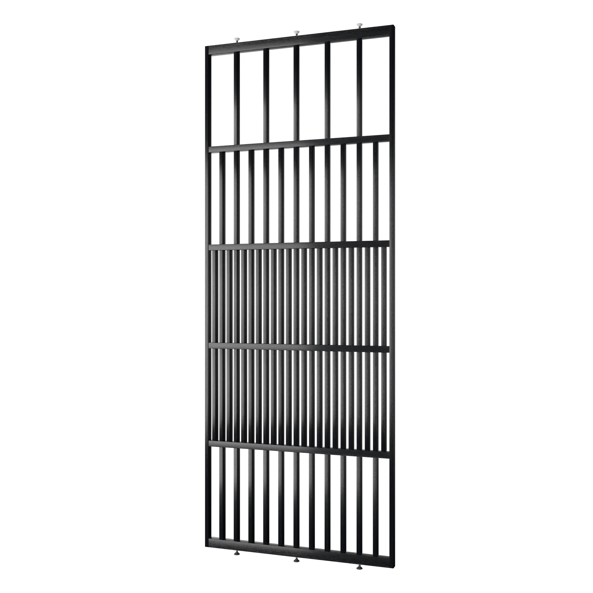 Houten roomdivider in RAL9005 massief eiken, ontworpen voor een strakke, hotel chique uitstraling. Een elegante toevoeging aan elk interieur.