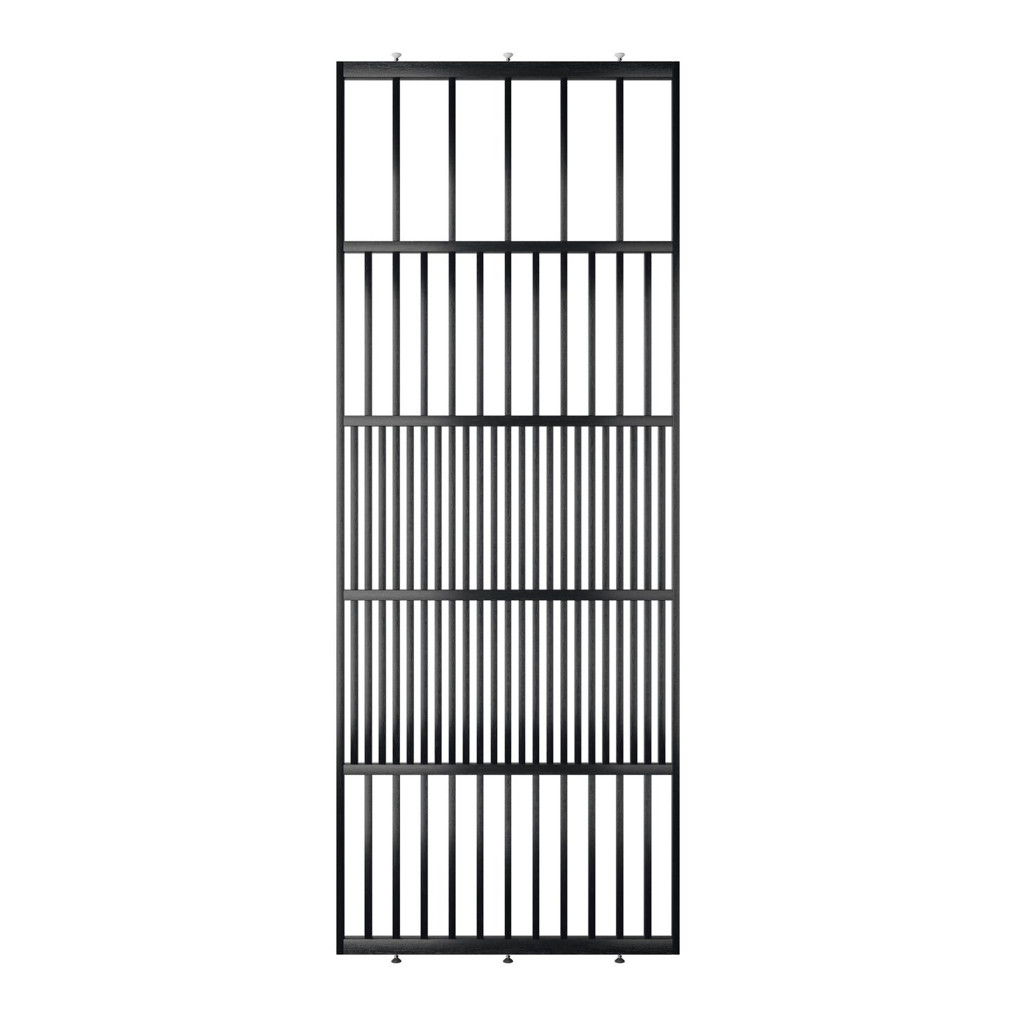 Houten roomdivider in RAL9005 massief eiken, ontworpen voor een strakke, hotel chique uitstraling. Een elegante toevoeging aan elk interieur.