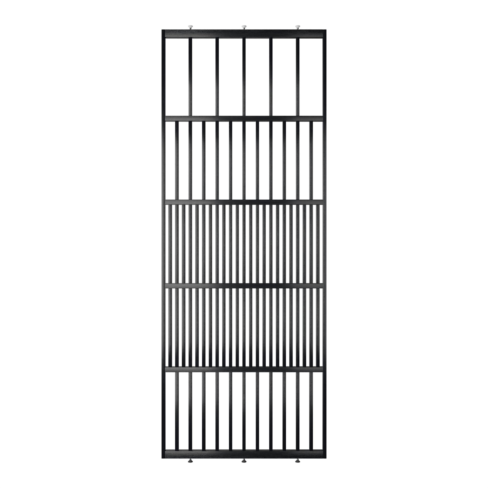 Houten roomdivider in RAL9005 massief eiken, ontworpen voor een strakke, hotel chique uitstraling. Een elegante toevoeging aan elk interieur.