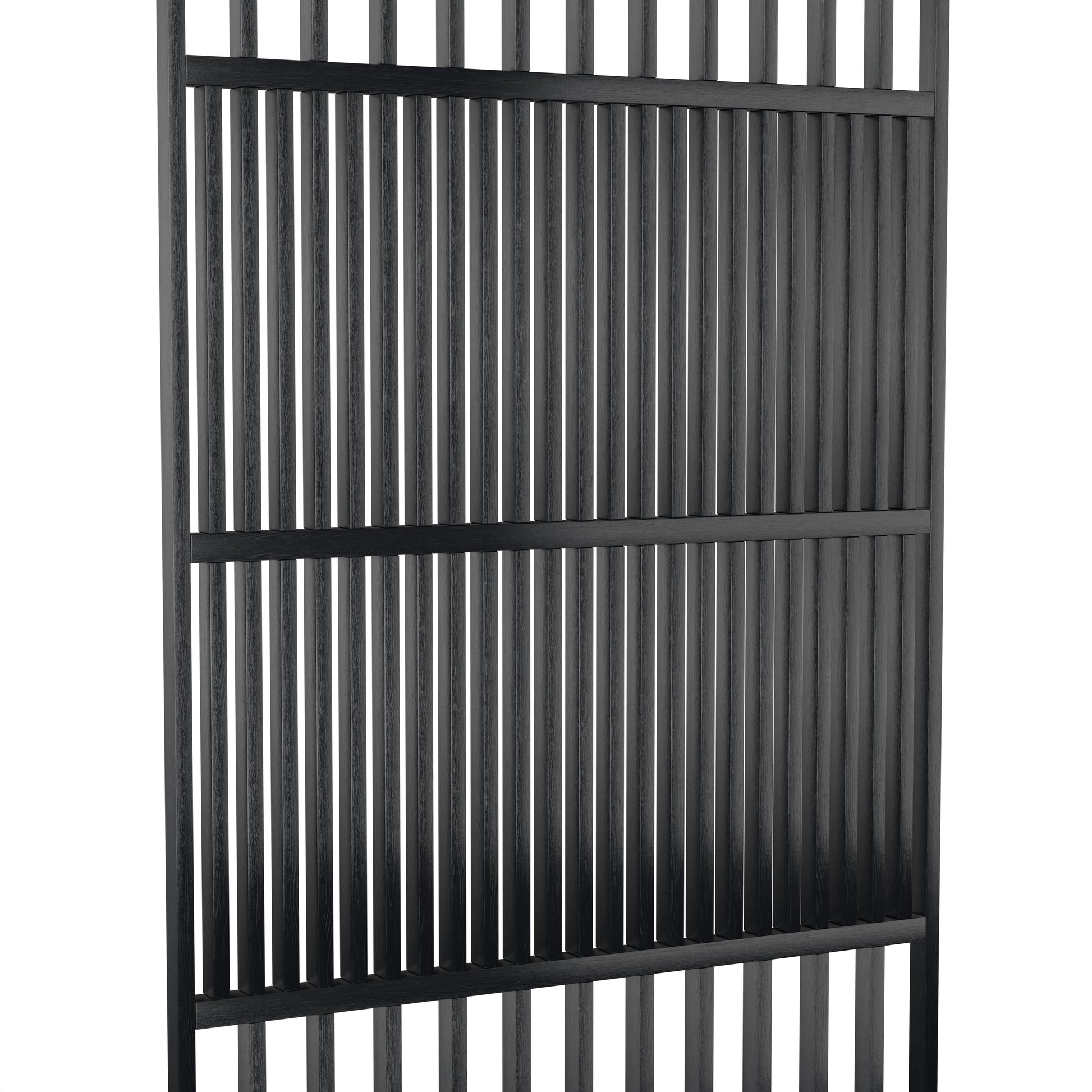 Houten roomdivider in RAL9005 massief eiken, ontworpen voor een strakke, hotel chique uitstraling. Een elegante toevoeging aan elk interieur.