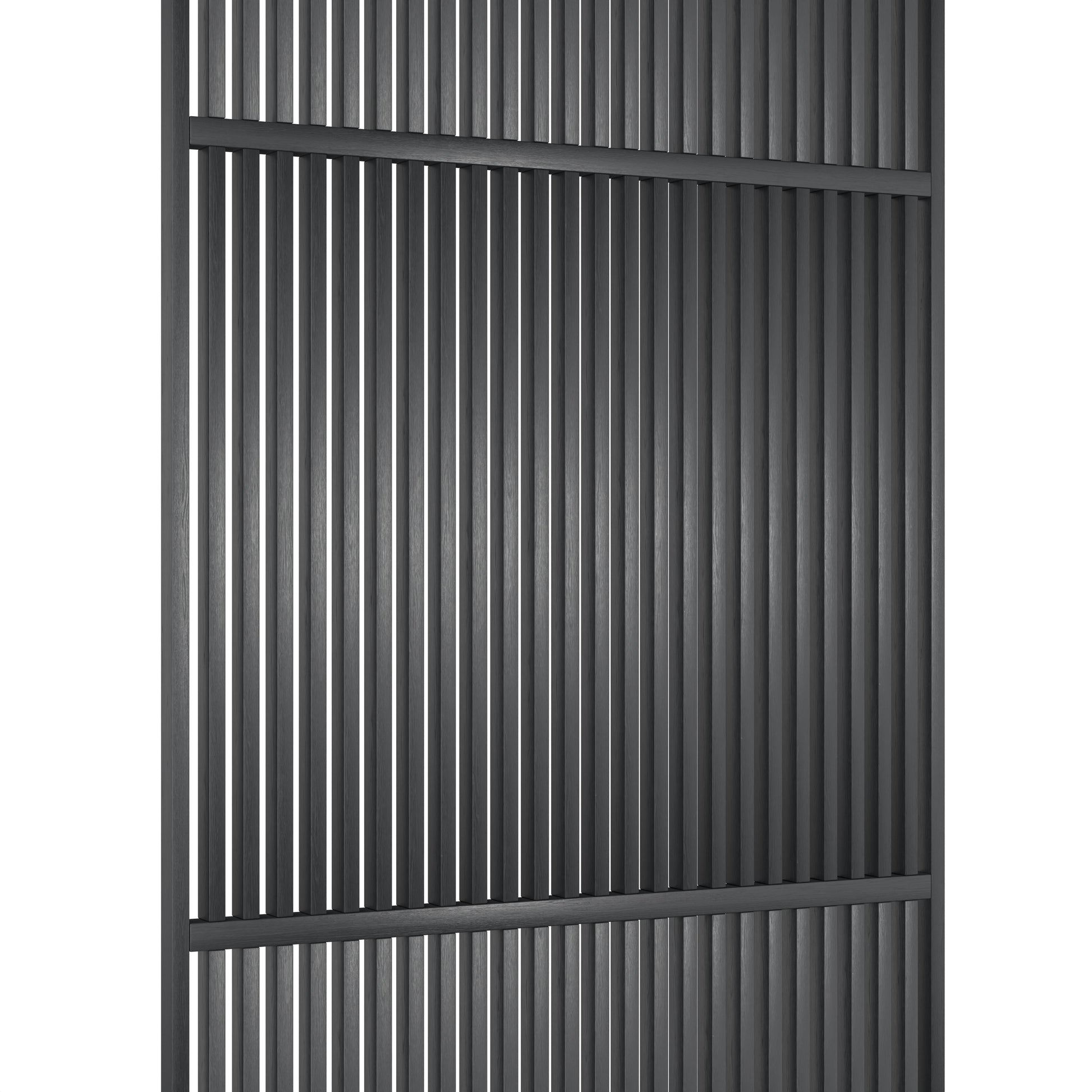 Houten roomdivider in RAL9005 massief eiken, ontworpen voor een strakke, hotel chique uitstraling. Een elegante toevoeging aan elk interieur