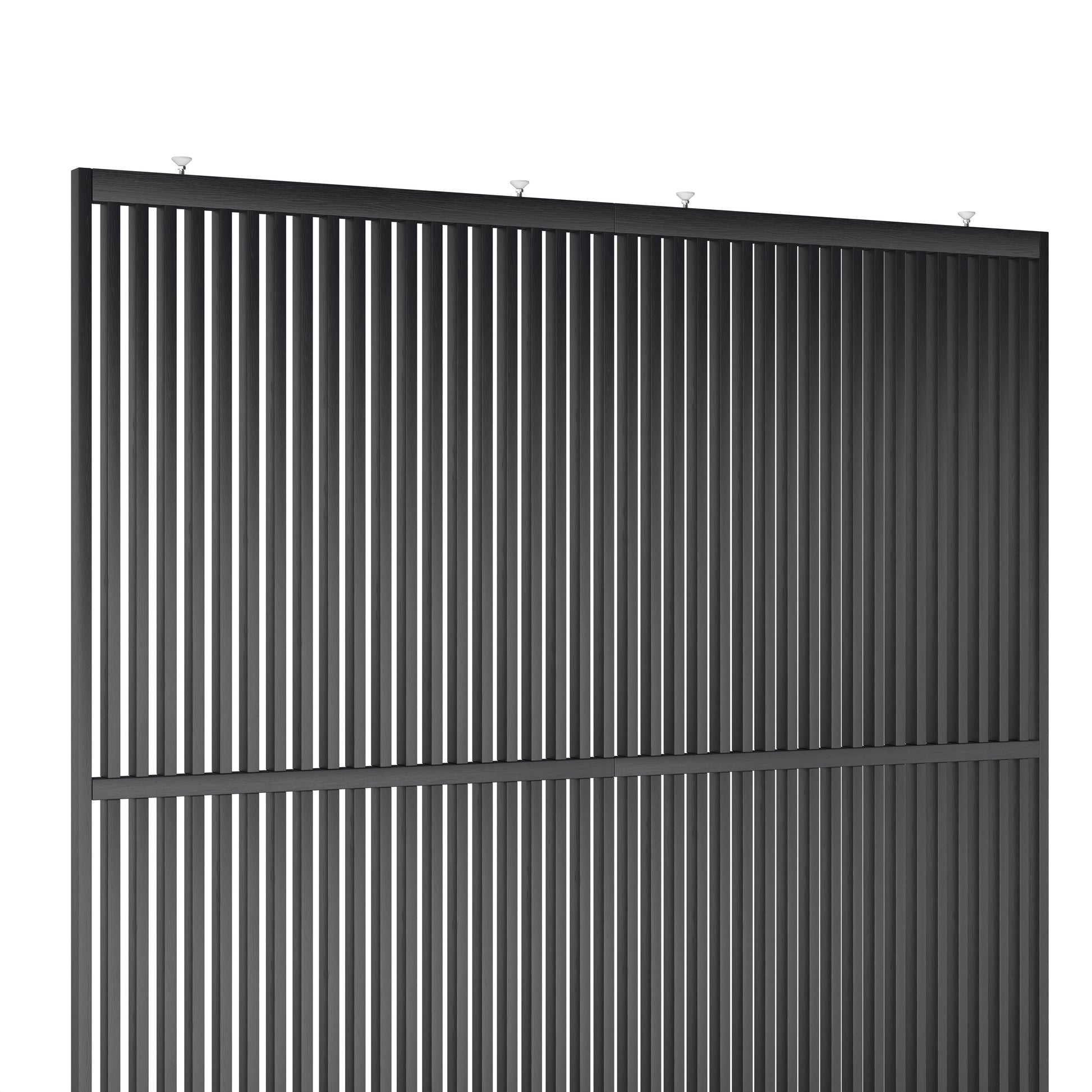 Houten roomdivider met twee gekoppelde delen in XL, in RAL7021 gelakt massief eiken voor een strakke, natuurlijke uitstraling.